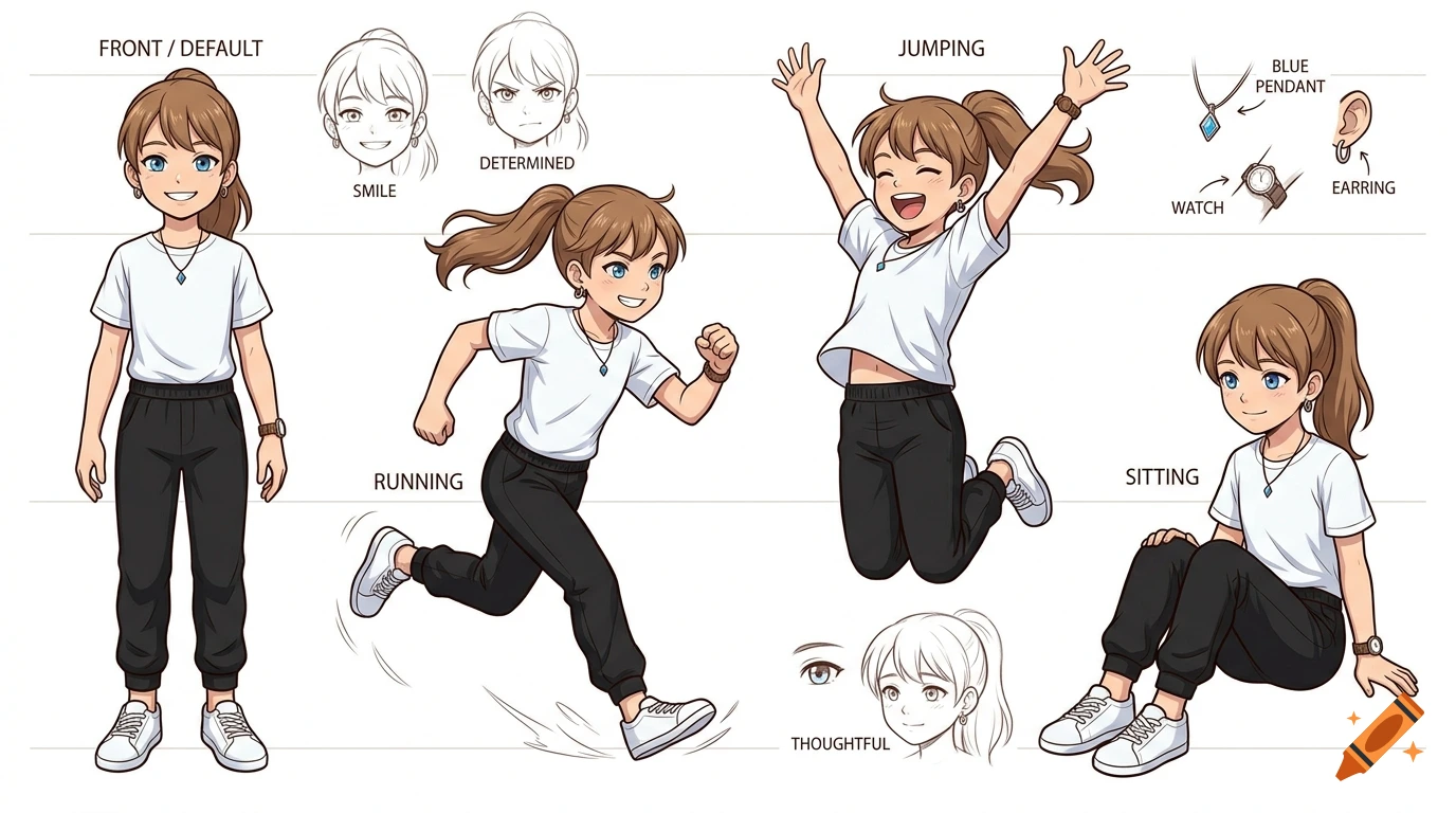 Character concept art sheet of a 9-year-old anime girl in various poses and expressions, digital manga style.