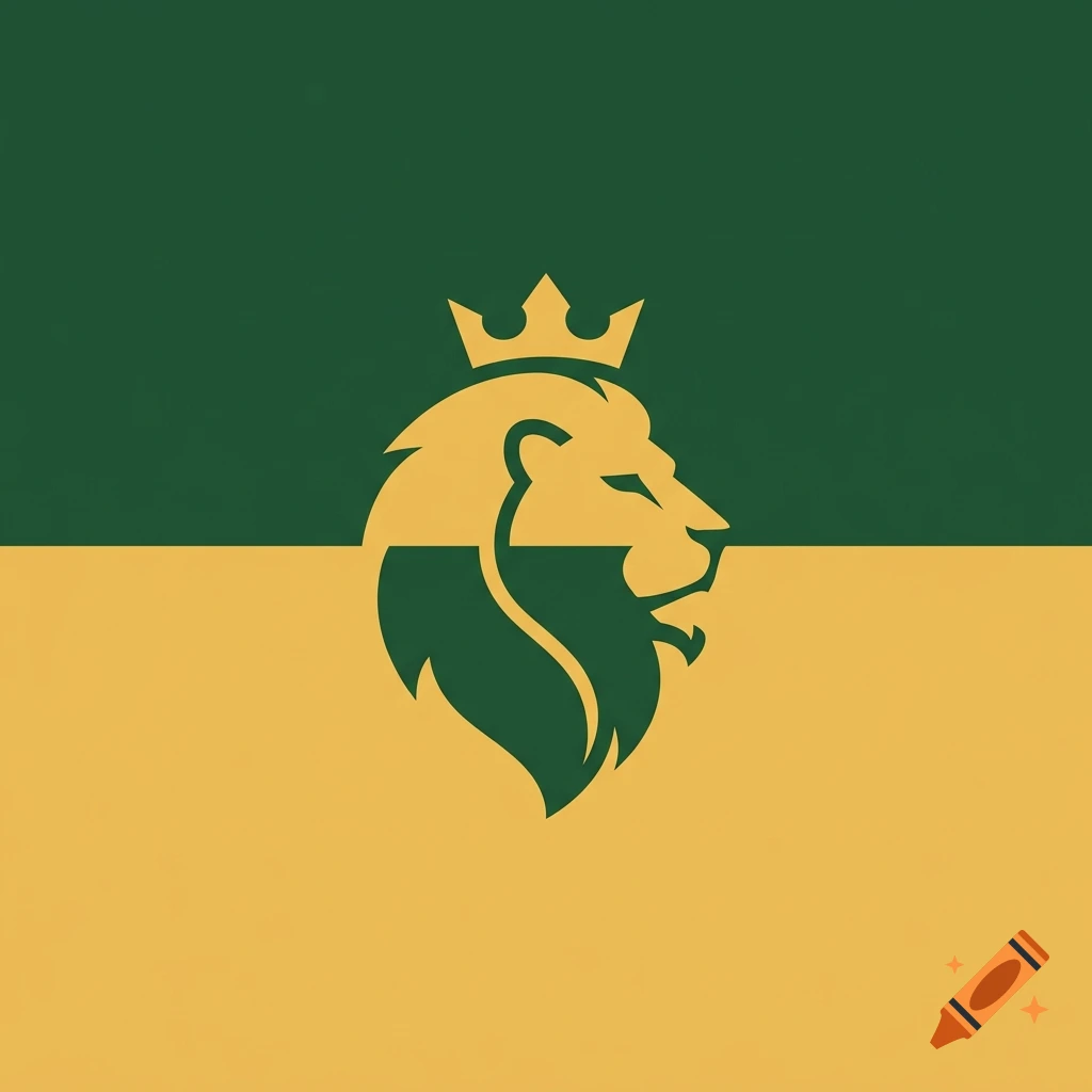 Minimalist 2D vector graphic of a crown-wearing lion head profile on a split green and yellow background.