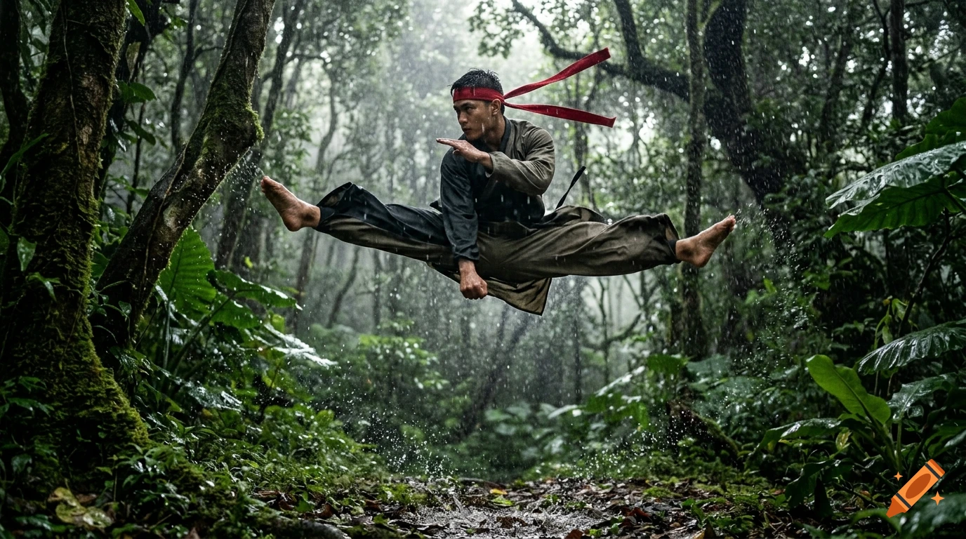 Cinematic action shot of a martial artist performing a mid-air jump split kick in a rainy green forest.