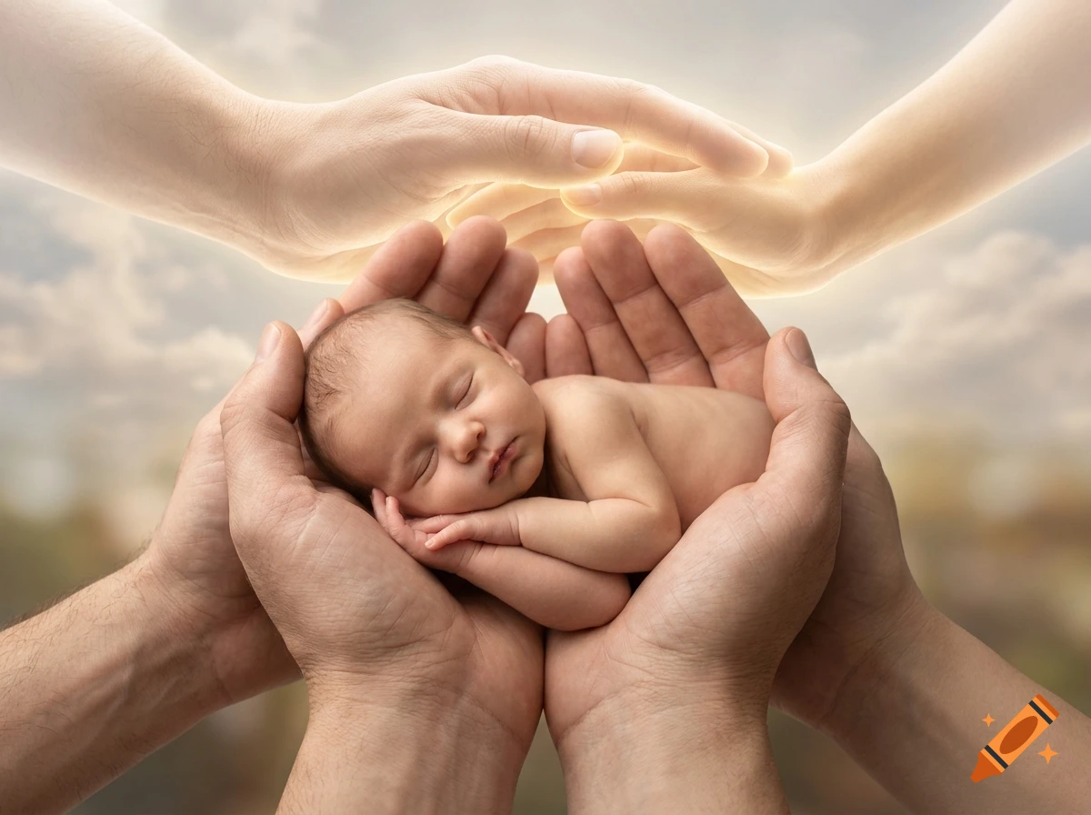 A sleeping newborn baby held gently in multiple pairs of cupped hands against a cloudy sky background.