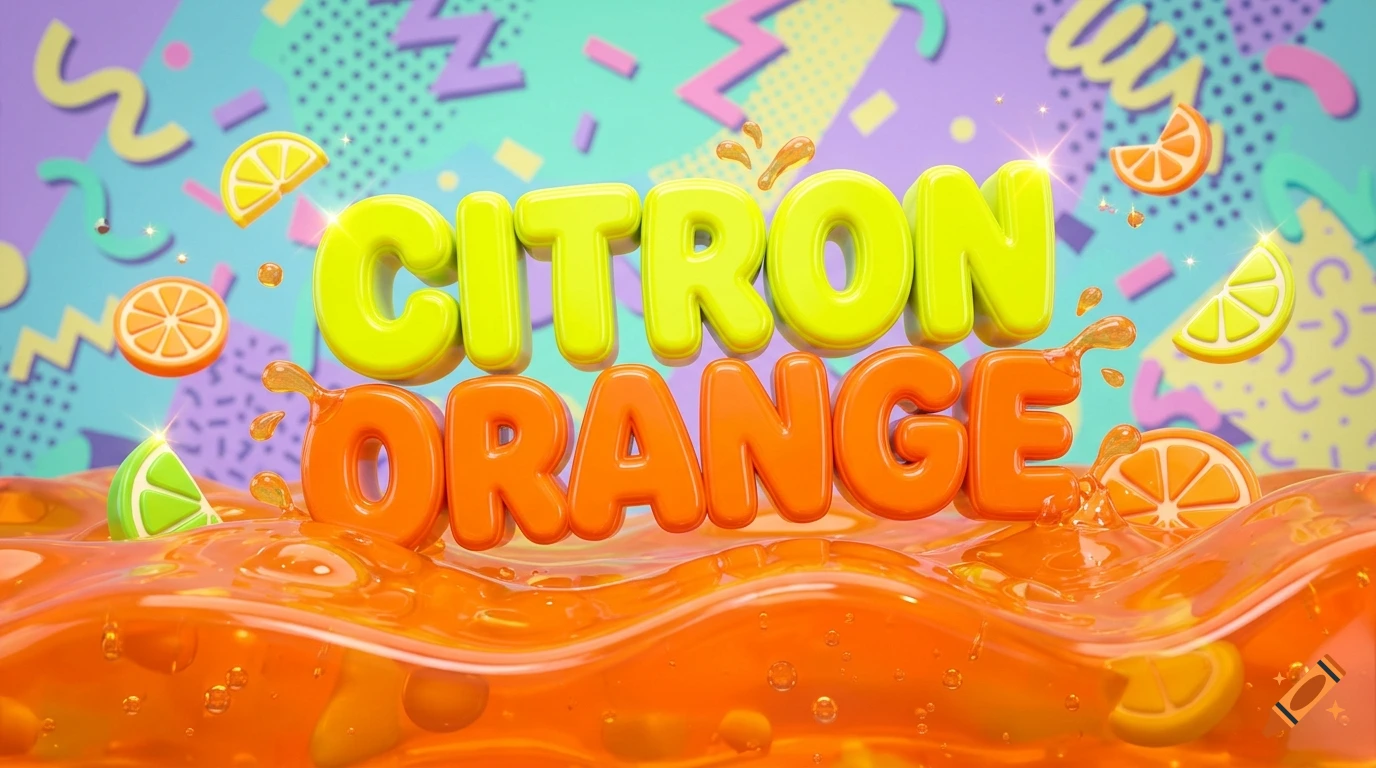 3D television network logo reading Citron Orange in chunky bubble letters over a translucent orange gel background with retro shapes.