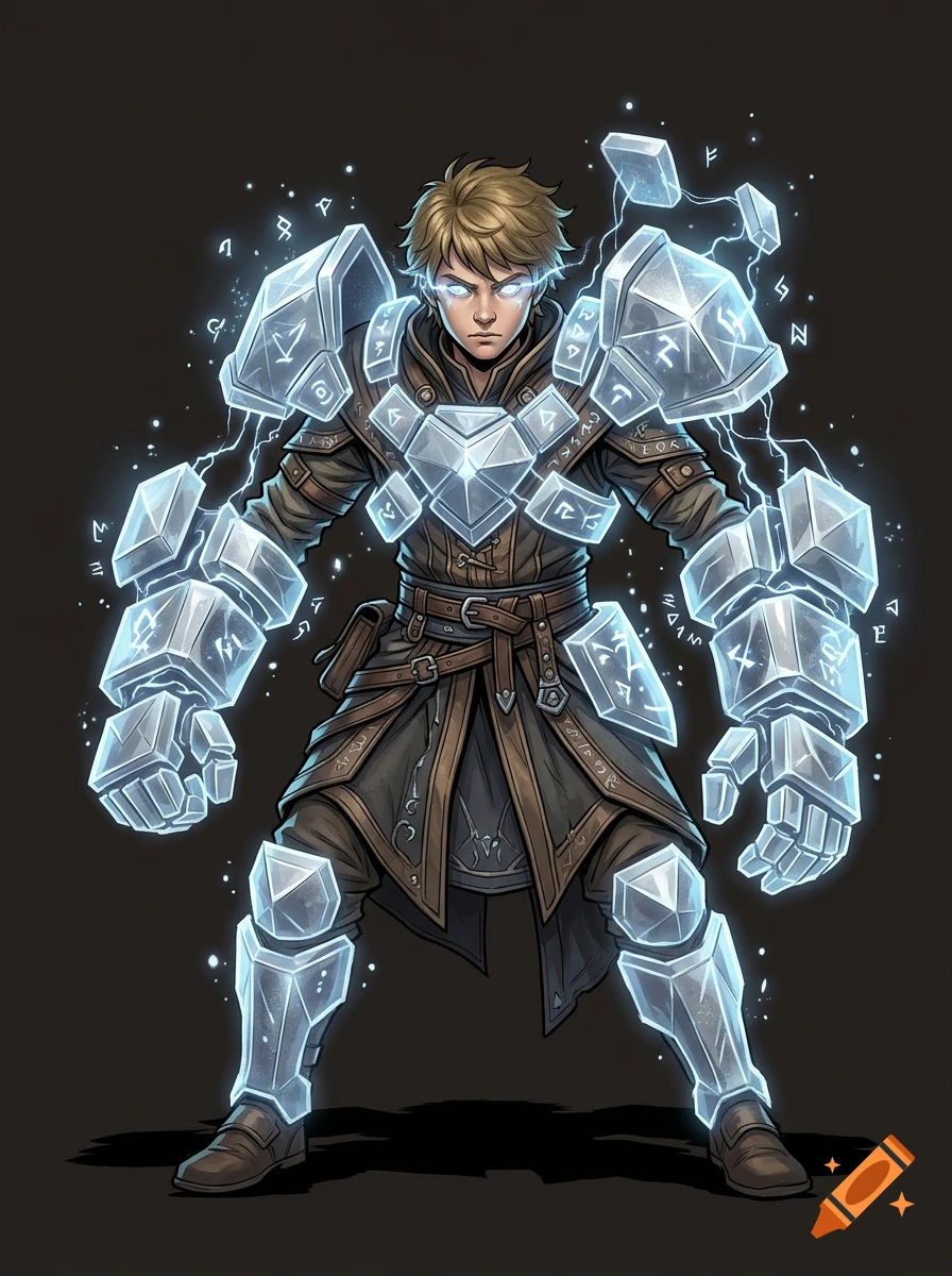 Digital illustration of a young warrior with glowing blue eyes, wearing leather clothing and formidable armor made of floating crystal plates inscribed with magical runes.