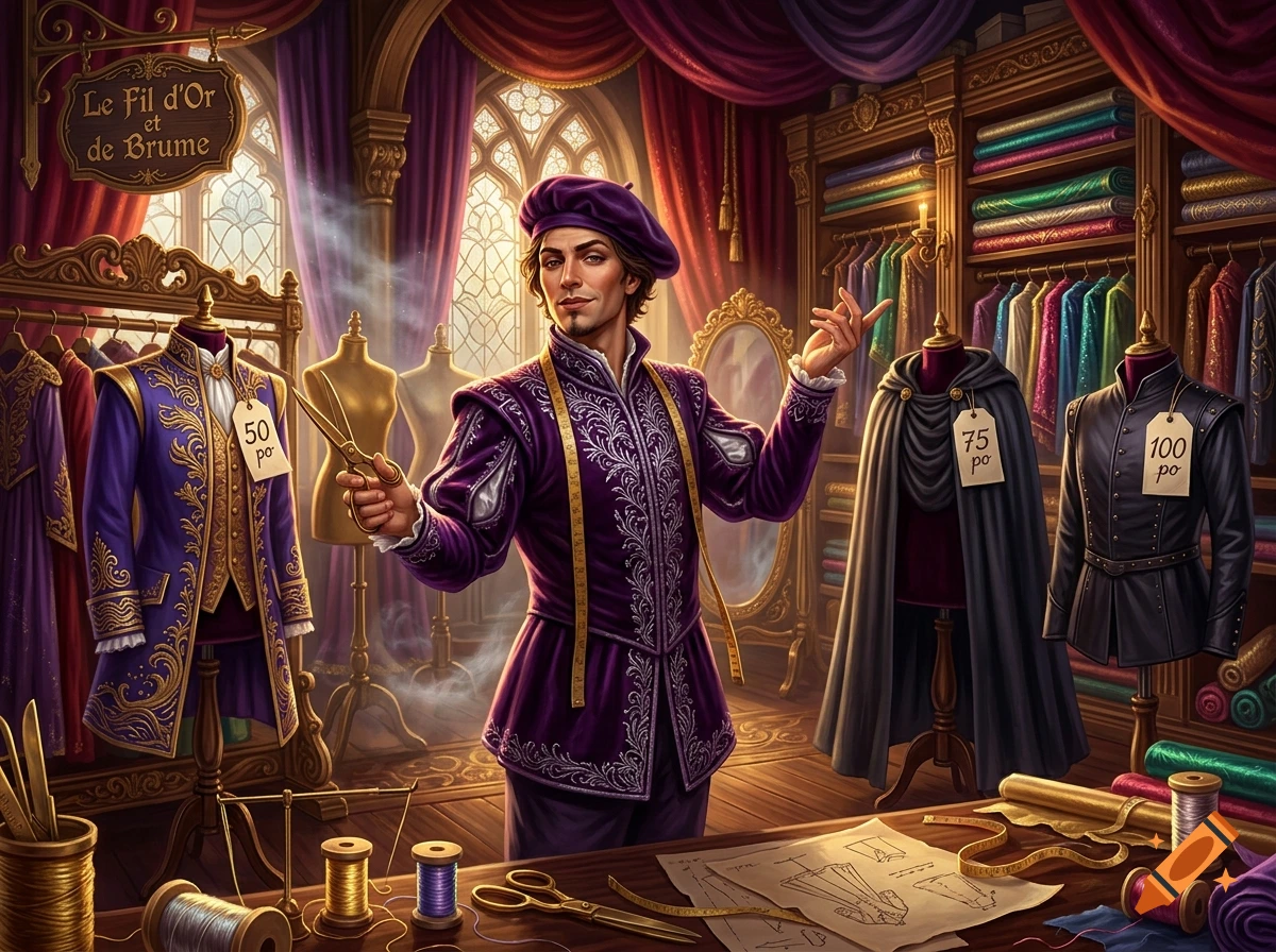 A tailor in a purple and silver outfit holds golden scissors inside a medieval clothing shop filled with fabric and garments on display.