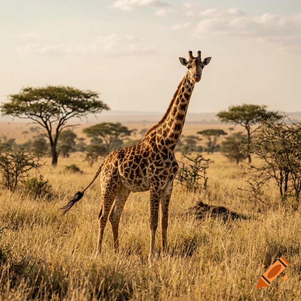 A giraffe standing in a grassy savanna with scattered acacia trees under a cloudy sky.