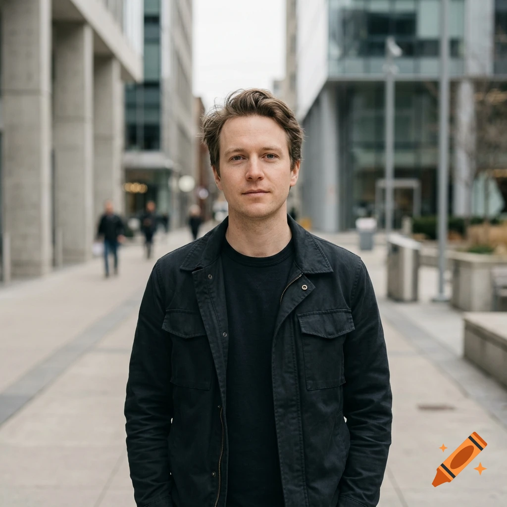 Photorealistic portrait of a young man with brown hair wearing a black jacket, standing on a city sidewalk with blurred buildings in the background.
