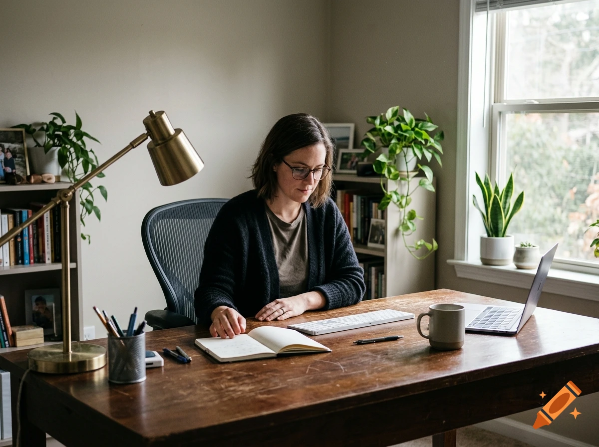 A woman with glasses sitting at a wooden desk in a home office, working with a laptop, notebook, and lamp.