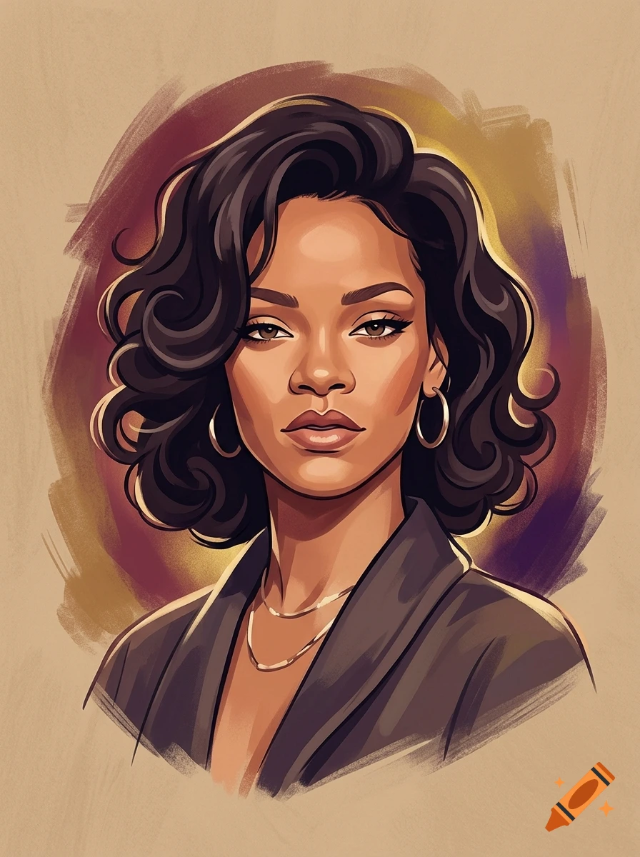 Digital illustration portrait of Rihanna with short dark curly hair wearing a dark blazer and gold hoop earrings.