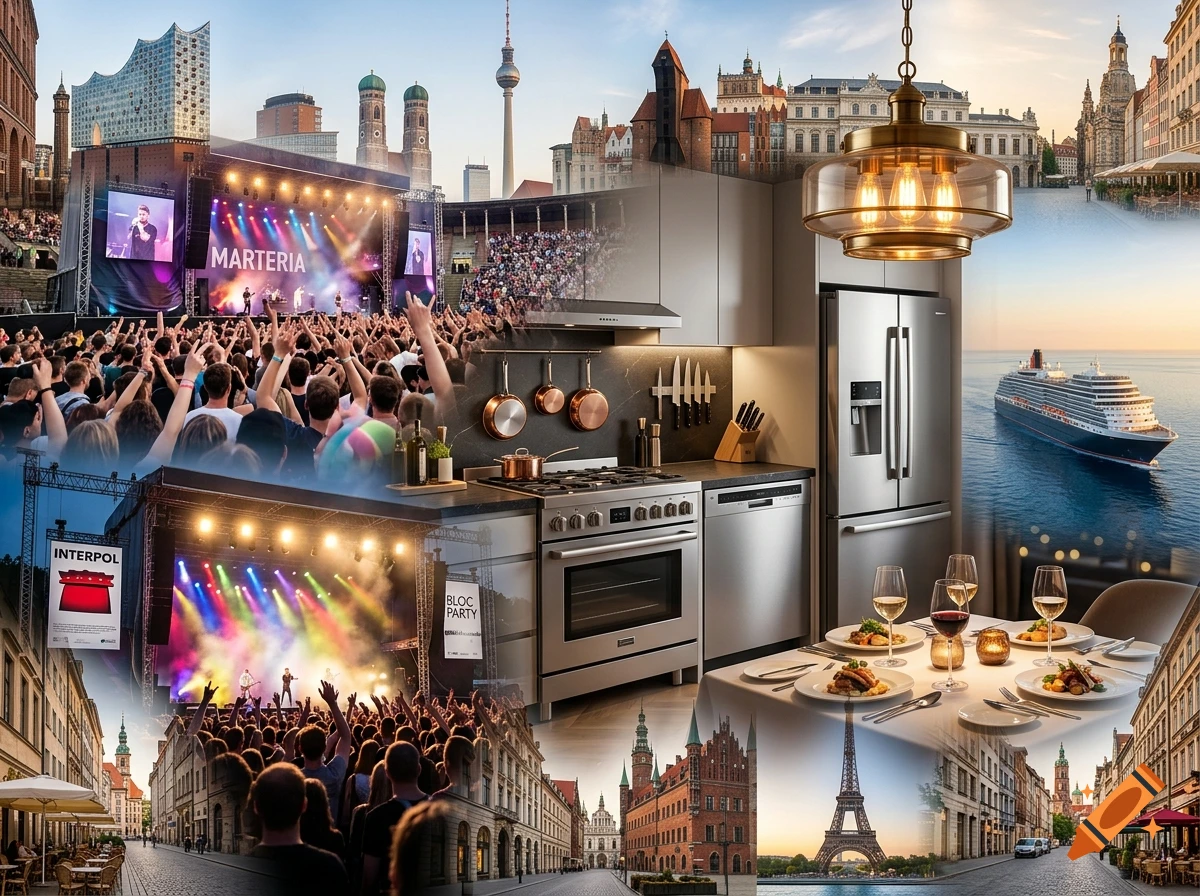 A photomontage collage showing concerts, European cityscapes, a modern kitchen interior, a dining table setup, and a cruise ship.