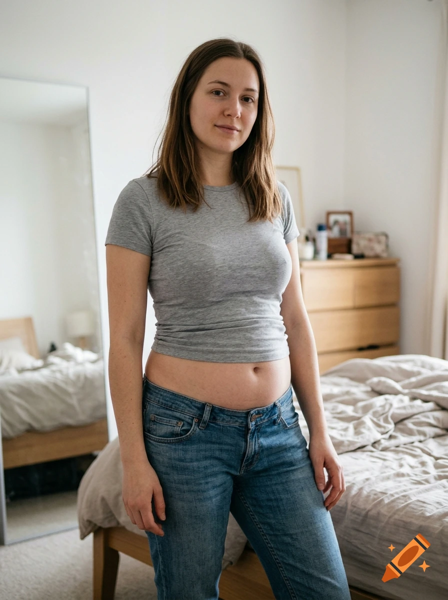 Photorealistic portrait of a young woman standing in a bedroom, wearing a grey crop top and blue jeans.