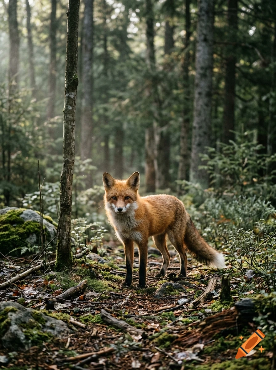 Photorealistic red fox standing in a misty forest on a mossy path surrounded by trees.