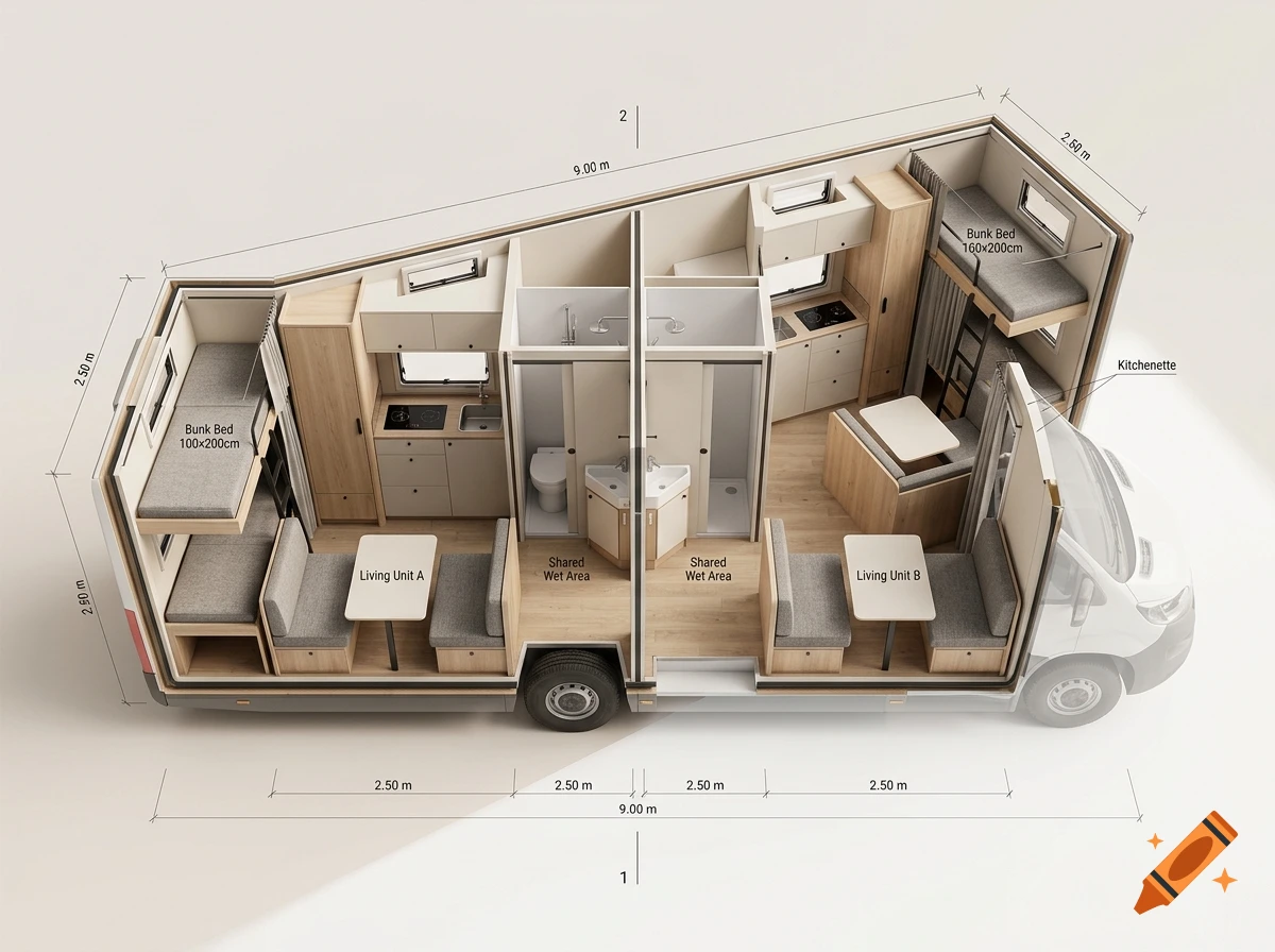 An isometric technical drawing showing the interior floor plan layout and dimensions of a camper van or motorhome.