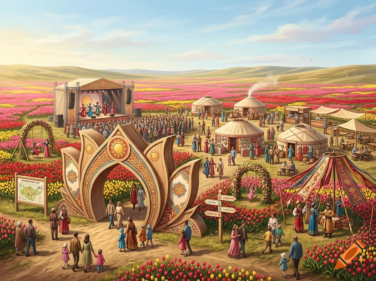 Digital illustration of a crowded spring tulip festival in a steppe landscape with yurts, a stage, and a large decorative gateway.