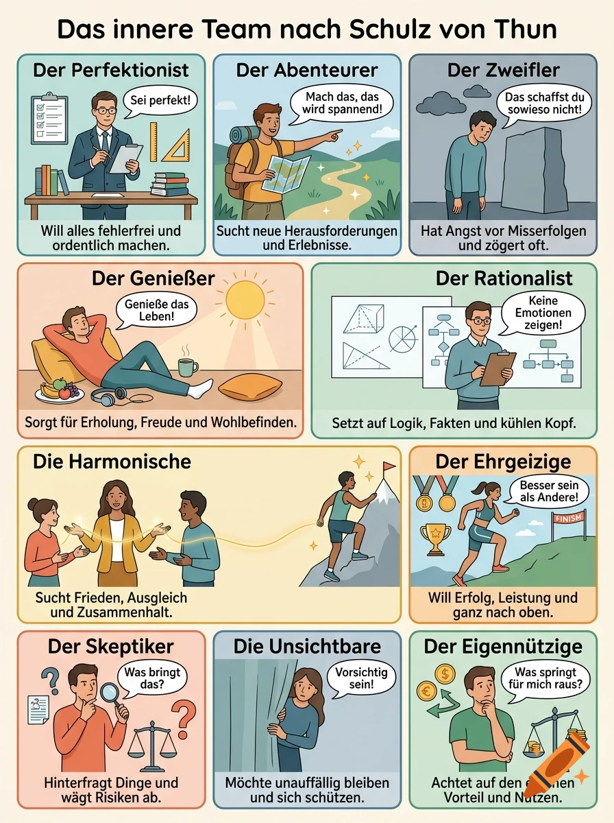 An illustrated infographic showing different personality archetypes of the inner team model with German text labels.
