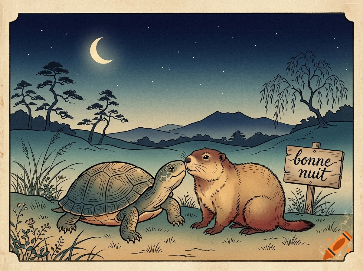 Japanese woodblock style illustration of a turtle kissing a marmot under a crescent moon near a sign reading 'bonne nuit'.