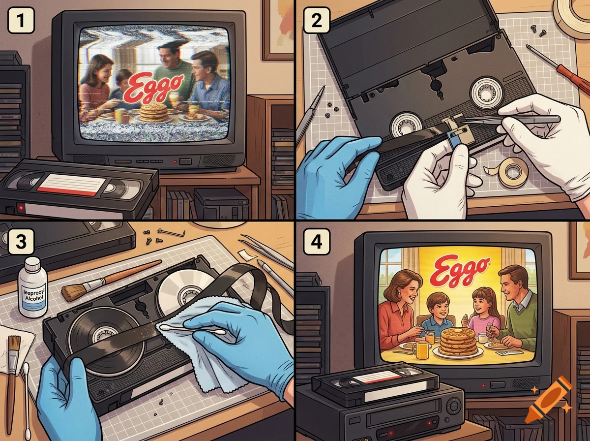 A four-panel comic strip illustrating the process of repairing and cleaning a damaged VHS tape and watching a commercial on TV.