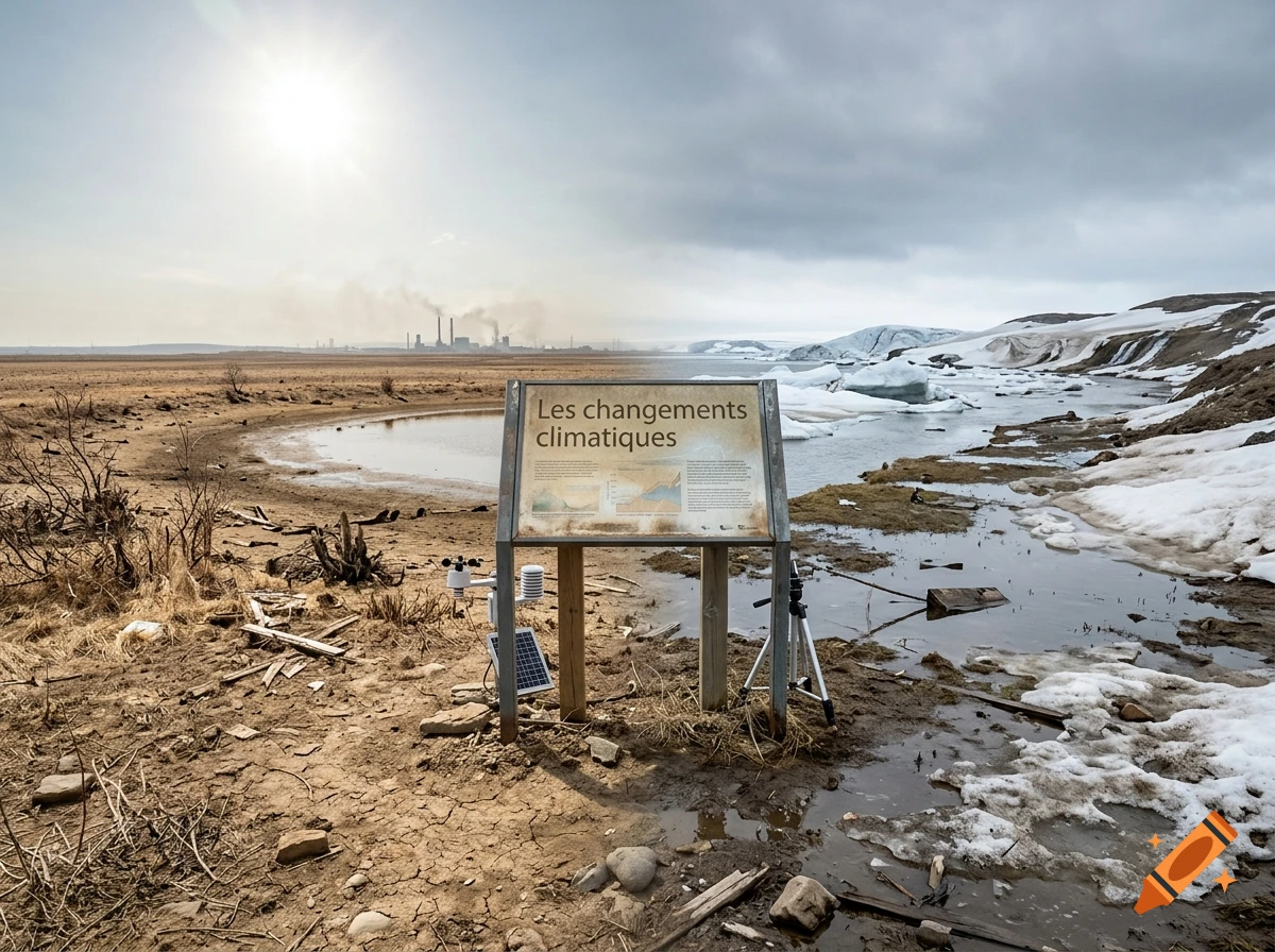 An outdoor sign reading Les changements climatiques stands in a landscape split between a dry, polluted field and a melting icy shore.