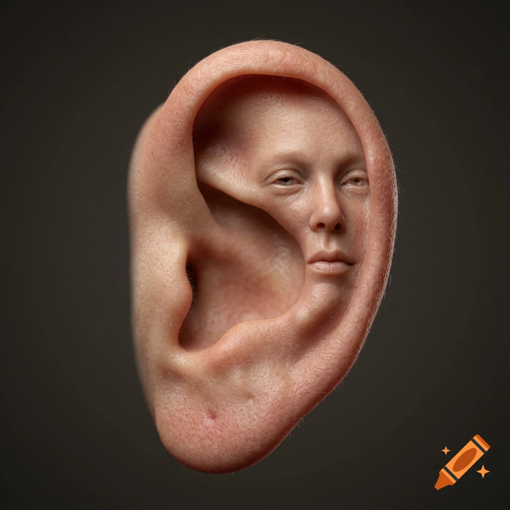 A surreal close-up image of a human ear merging with a human face inside the concha against a dark background.