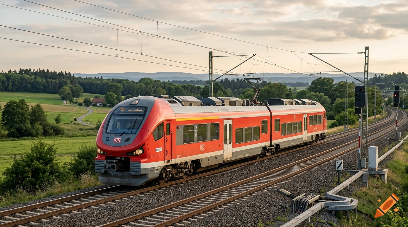 A red passenger train travels along a curved railway track through a rural landscape at sunset.
