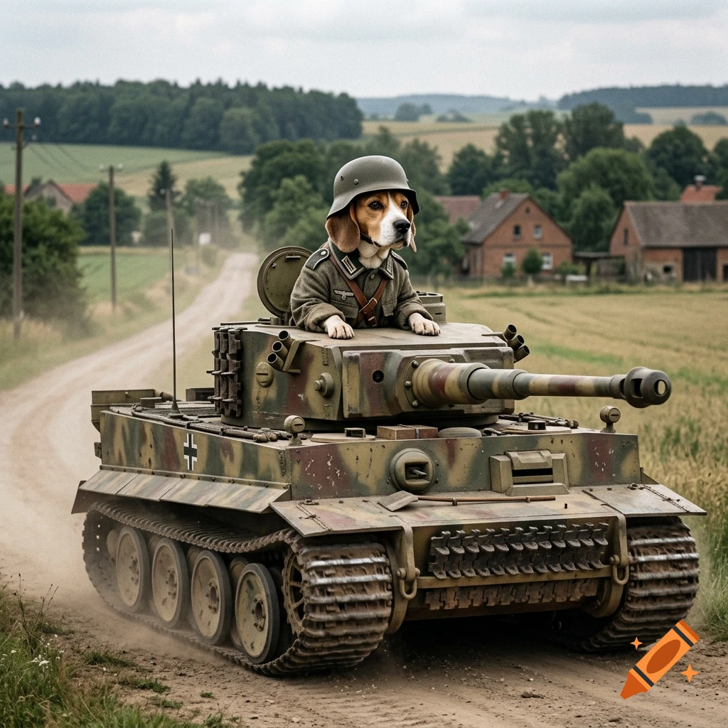 A beagle wearing a military uniform and helmet rides inside a camouflaged tank driving down a rural dirt road.