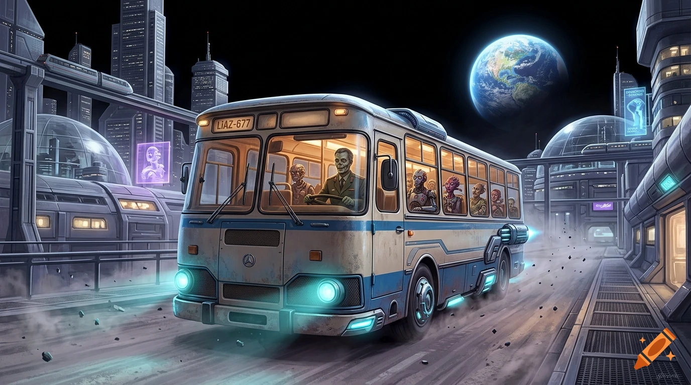 A retro-style bus driven by an alien carries various alien passengers through a futuristic city on a planet, with Earth visible in the dark sky.