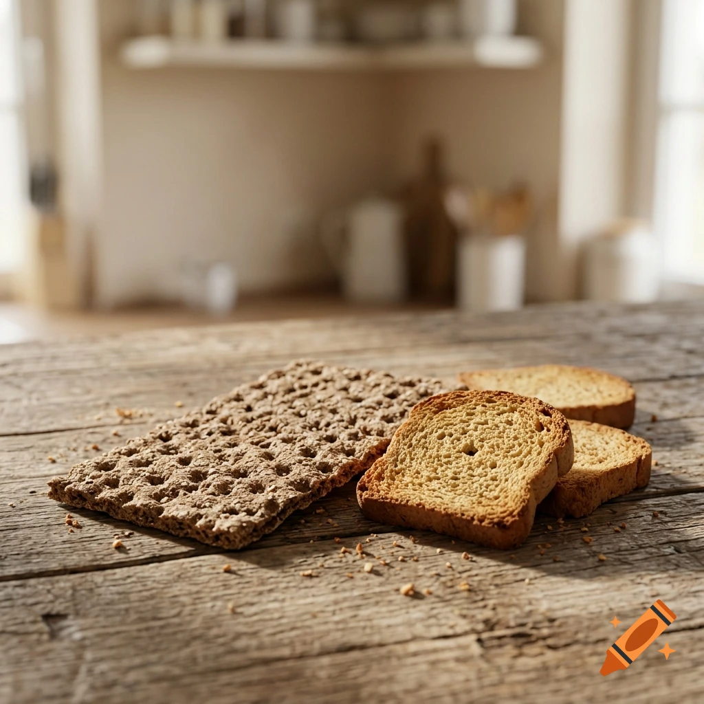 Photorealistic image of crispbread and rusks on a rustic wooden table in a kitchen setting.