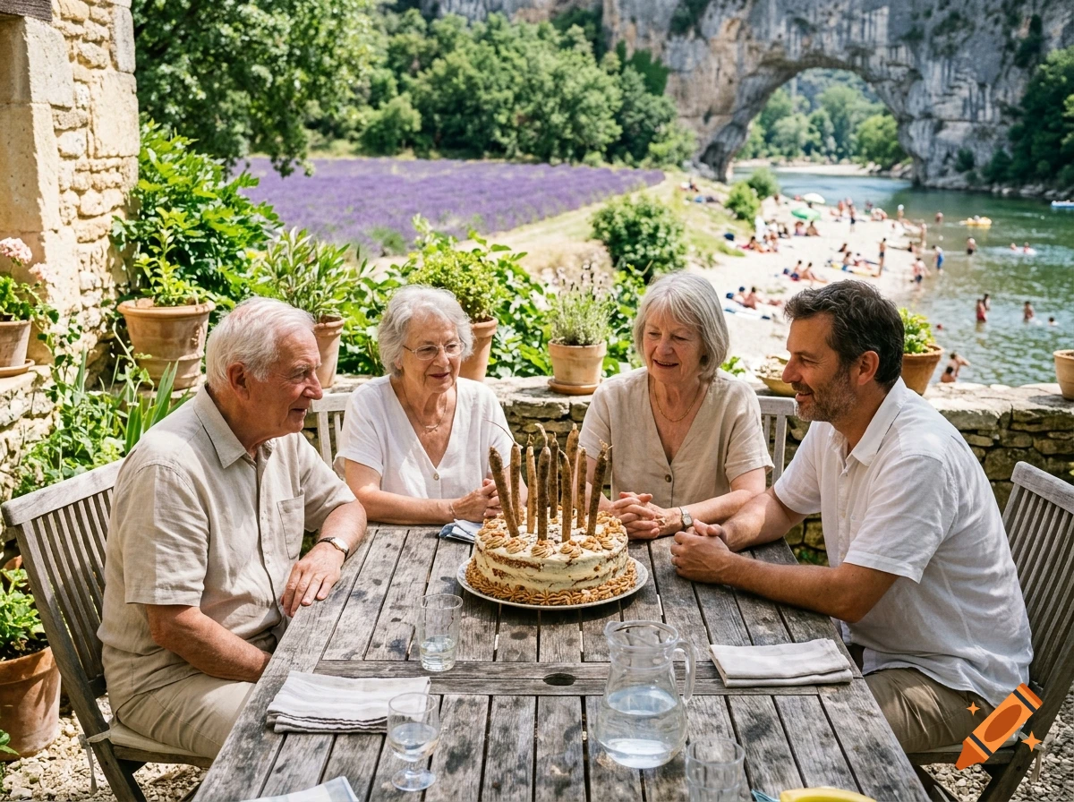 Four adults sitting around a wooden outdoor table with a cake topped with carrot candles, with a scenic river and beach landscape in the background.
