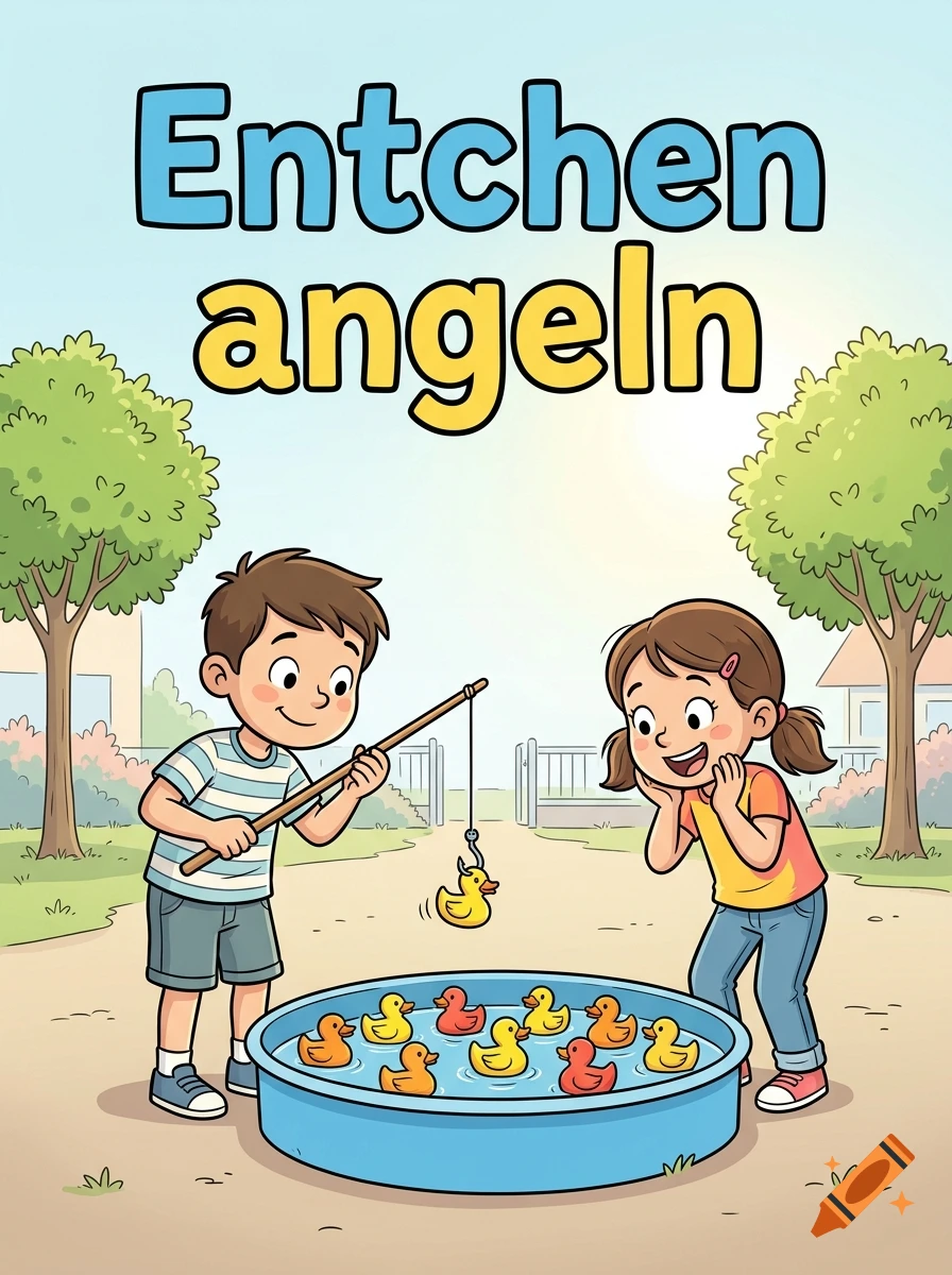 Comic style poster showing a boy and a girl playing duck fishing in a schoolyard.