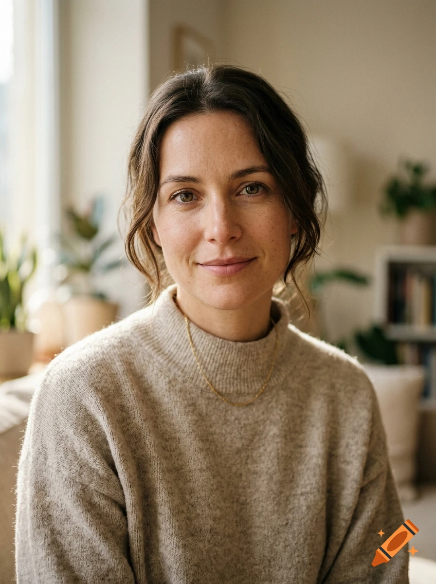 Photorealistic portrait of a smiling woman with brown hair and light freckles wearing a beige sweater indoors.
