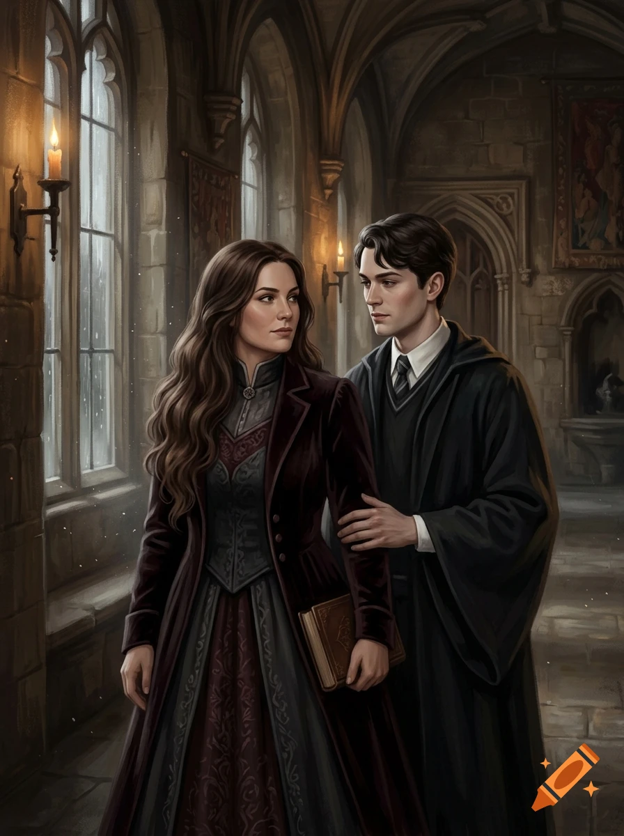 Digital illustration of a couple in a castle hallway, a woman with long brown hair and a man in dark robes looking at each other.