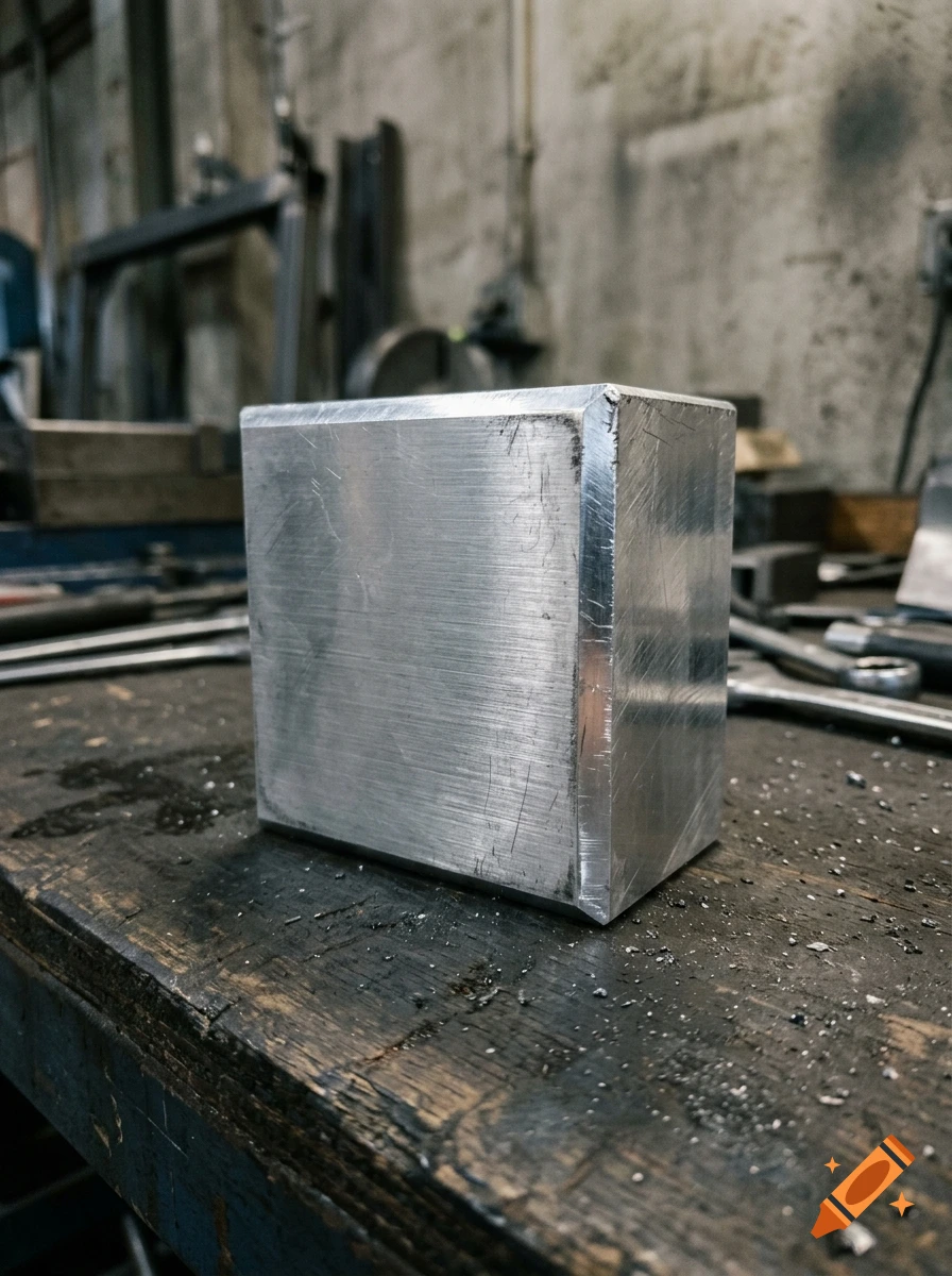 A solid metal block sits on a worn workshop workbench with tools scattered around.