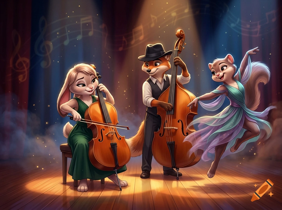 Digital illustration of three cute furry characters performing on stage: a bunny playing cello, a fox playing double bass, and a squirrel dancing.