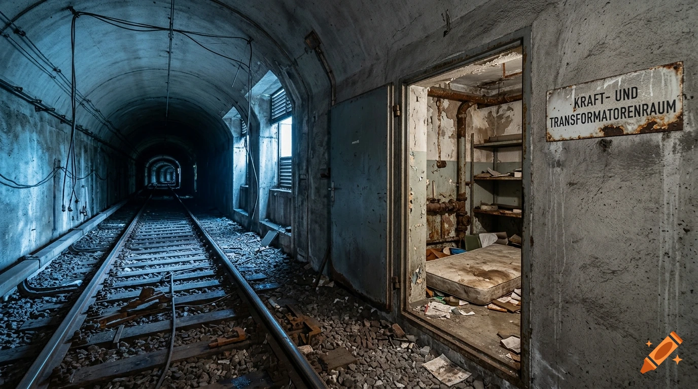An abandoned underground railway tunnel with tracks and a doorway leading to a small room containing a mattress and shelving.