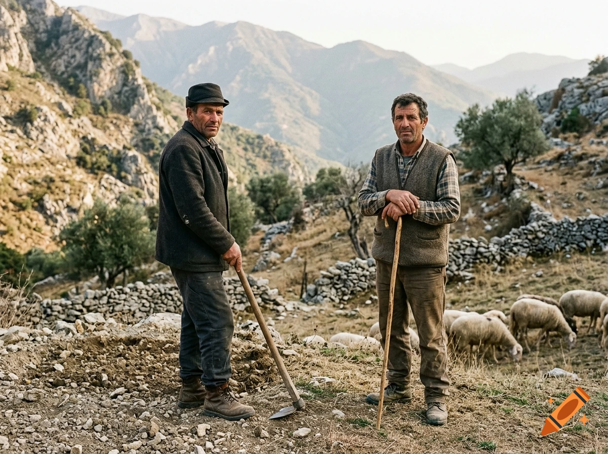 Photorealistic image of two men standing on a rocky mountain slope with a flock of sheep in the background.