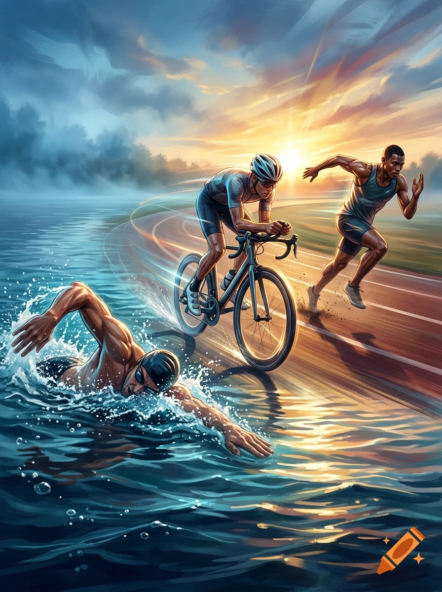 An action scene of a triathlon, showing a swimmer in the water, a cyclist on a road, and a runner sprinting at sunset.