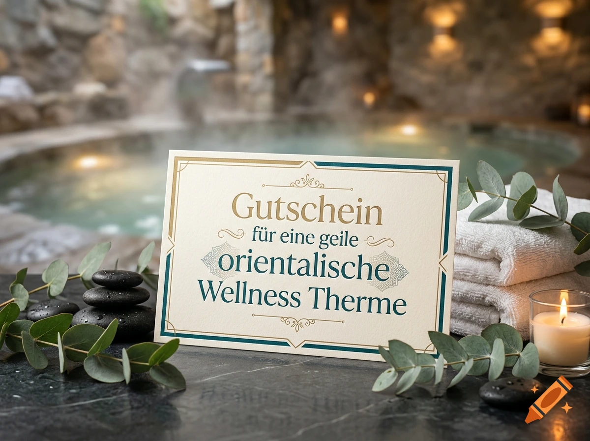 A gift certificate card for an oriental wellness thermal bath resting on a spa counter with stacked towels, candles, eucalyptus branches, and hot stones, with a thermal pool in the background.