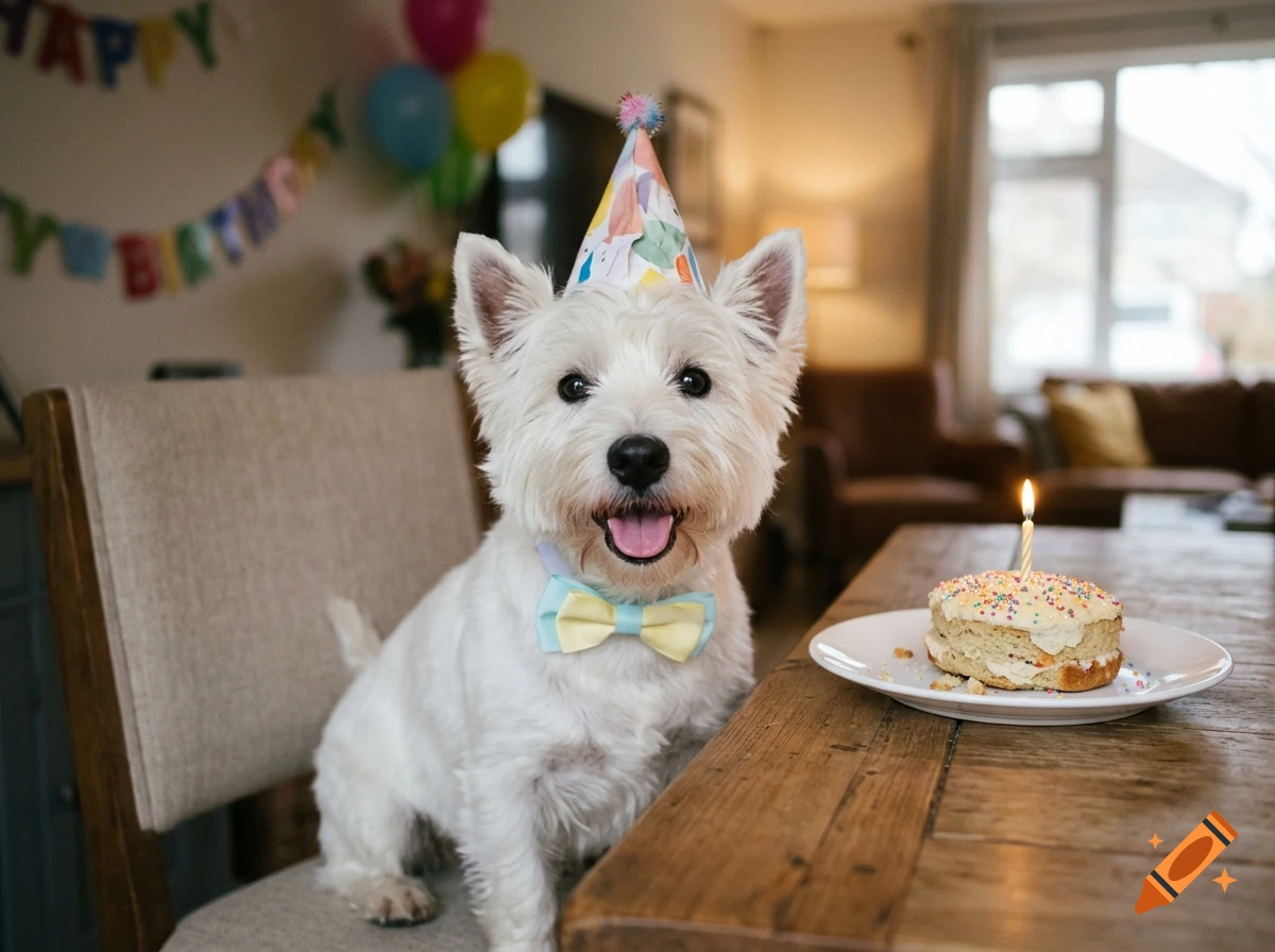 A fluffy white terrier wearing a party hat and bow tie sits at a dining table next to a small birthday cake with a single lit candle.