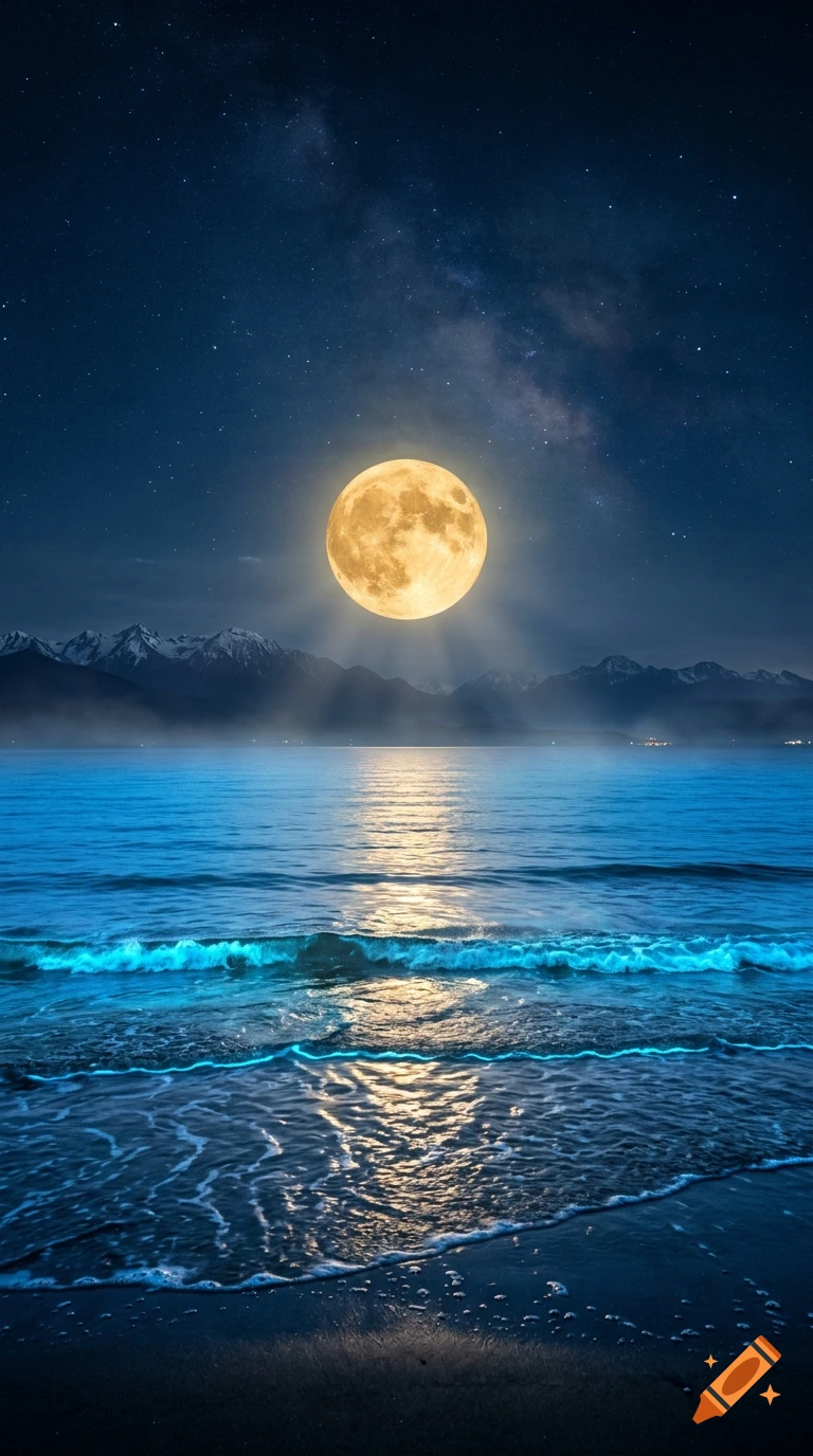 Hyperrealistic night landscape with a giant glowing golden moon rising above a calm electric-blue ocean and bioluminescent waves.