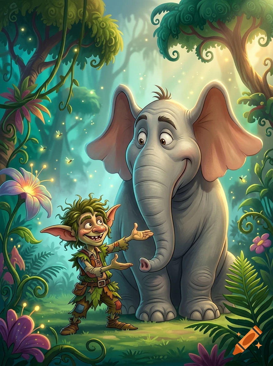 Animated illustration of a smiling goblin gesturing toward Horton the elephant in a lush, magical forest.