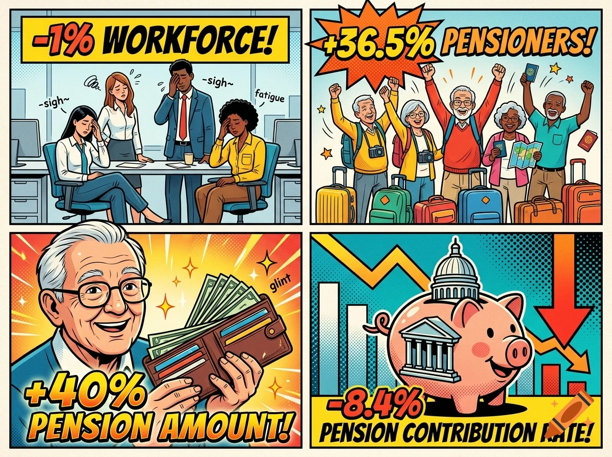 A 4-panel comic strip illustrating financial data with pop-art style, vibrant colors, and bold text overlays about workforce, pensioners, and pension amounts.