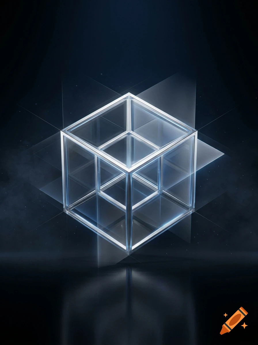 3D render of a glowing glass hypercube with intersecting translucent planes on a dark reflective surface.