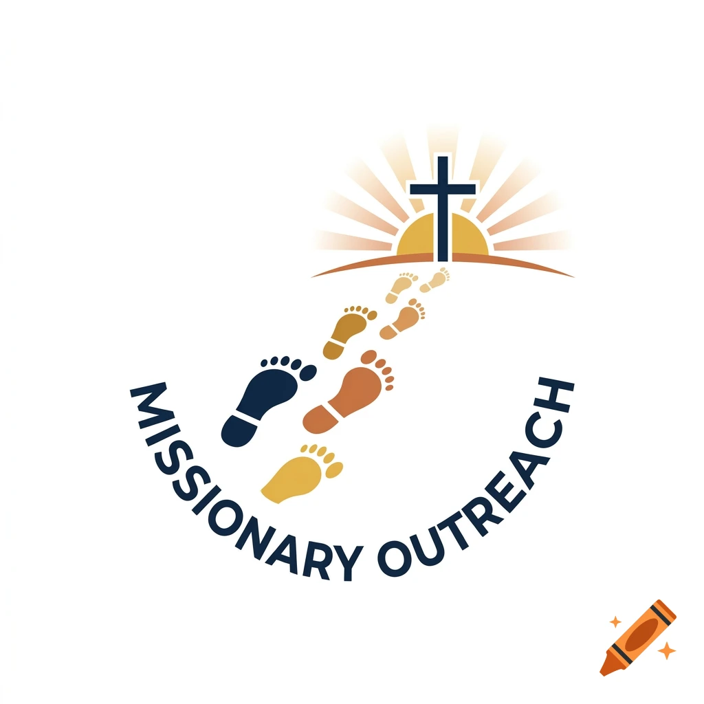 A logo featuring the text "MISSIONARY OUTREACH" curving below footprints leading toward a sunrise with a cross.