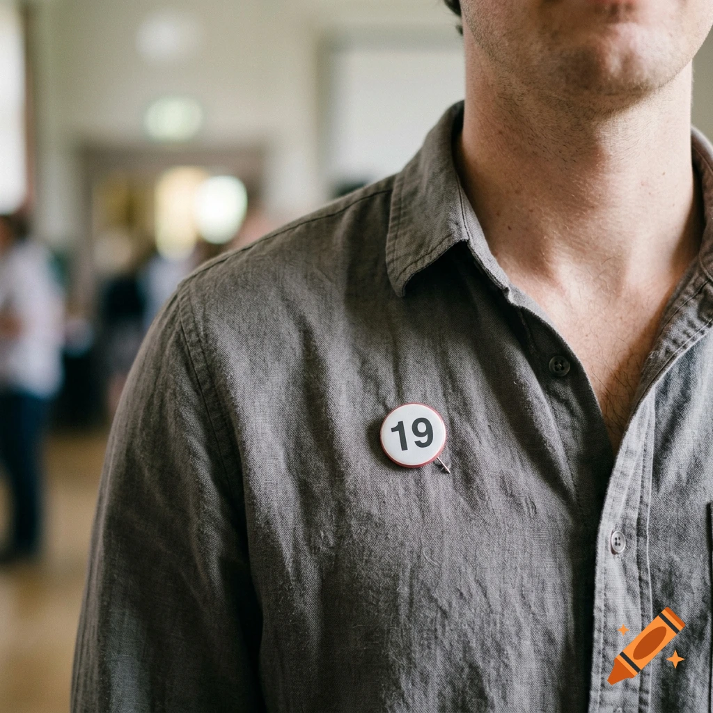 Close-up of a person wearing a grey button-up shirt with a circular pin displaying the number 19.