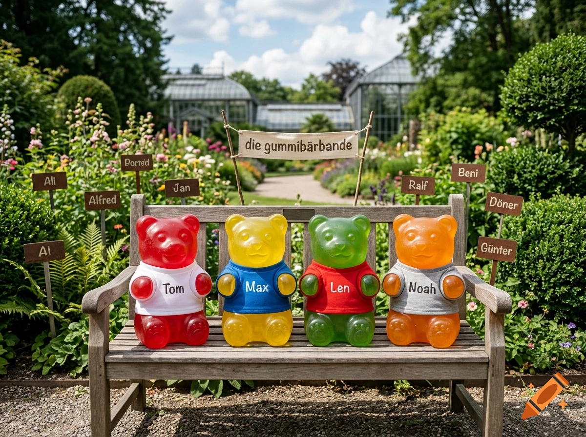 Four colorful gummy bear figures wearing t-shirts with names sitting on a wooden bench in a botanical garden.