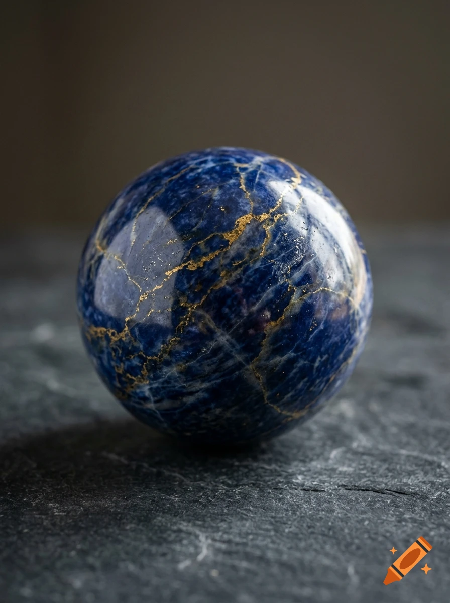 A polished sphere of dark blue sodalite stone with intricate golden veins sitting on a dark stone surface.