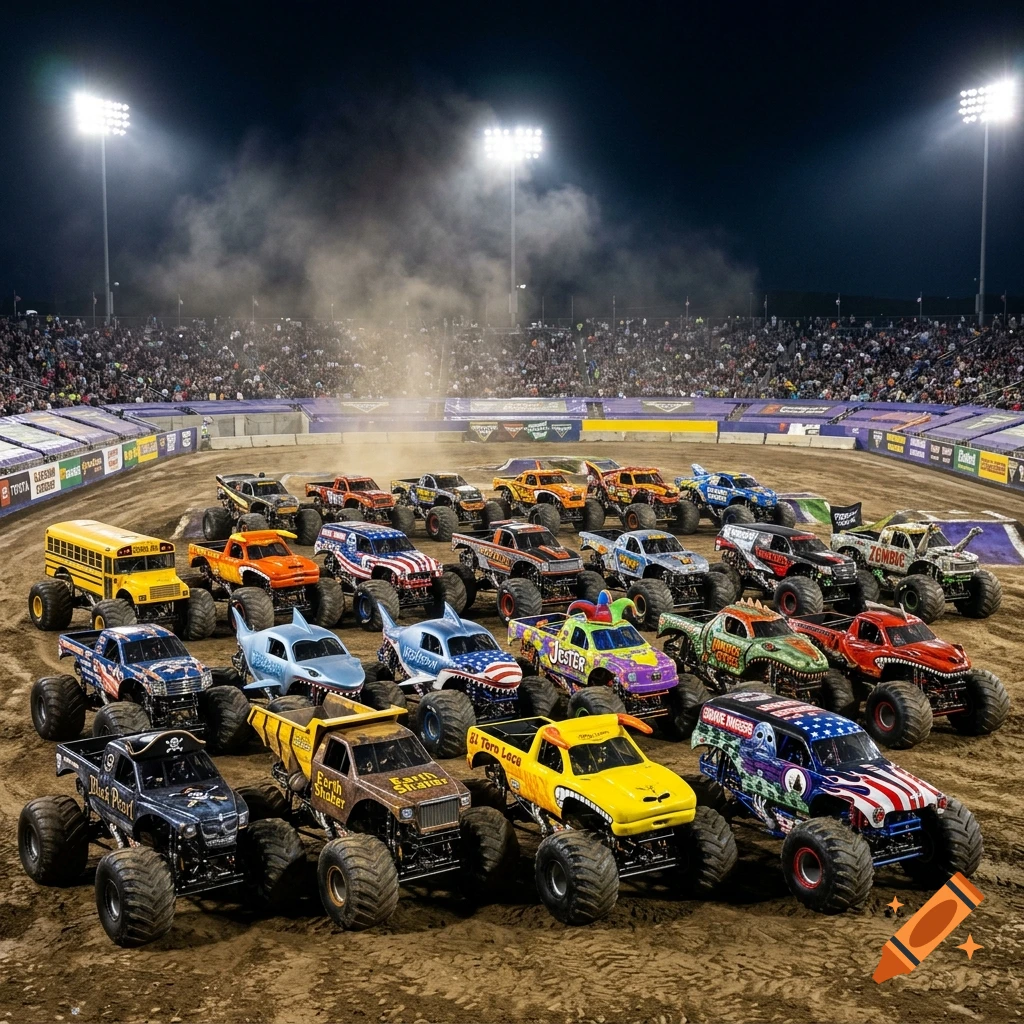 Many colorful monster trucks parked in a large stadium arena at night with a crowd in the background.
