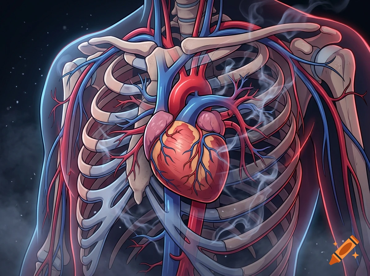 Anatomical illustration of a human chest showing the ribcage, heart, and blood vessels with wisps of smoke.