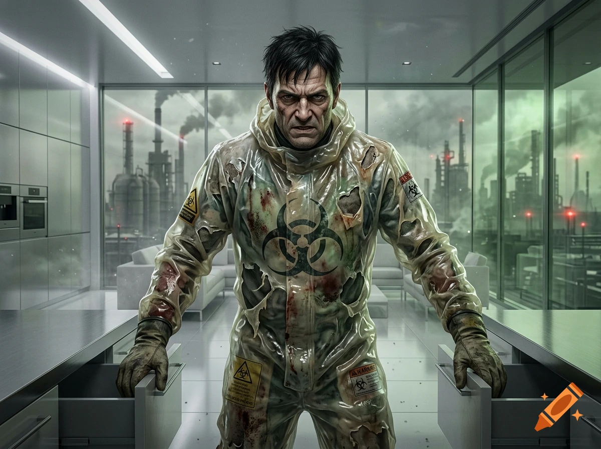 A man in a worn, dirty biohazard suit stands in a modern interior with an industrial factory view through the window.