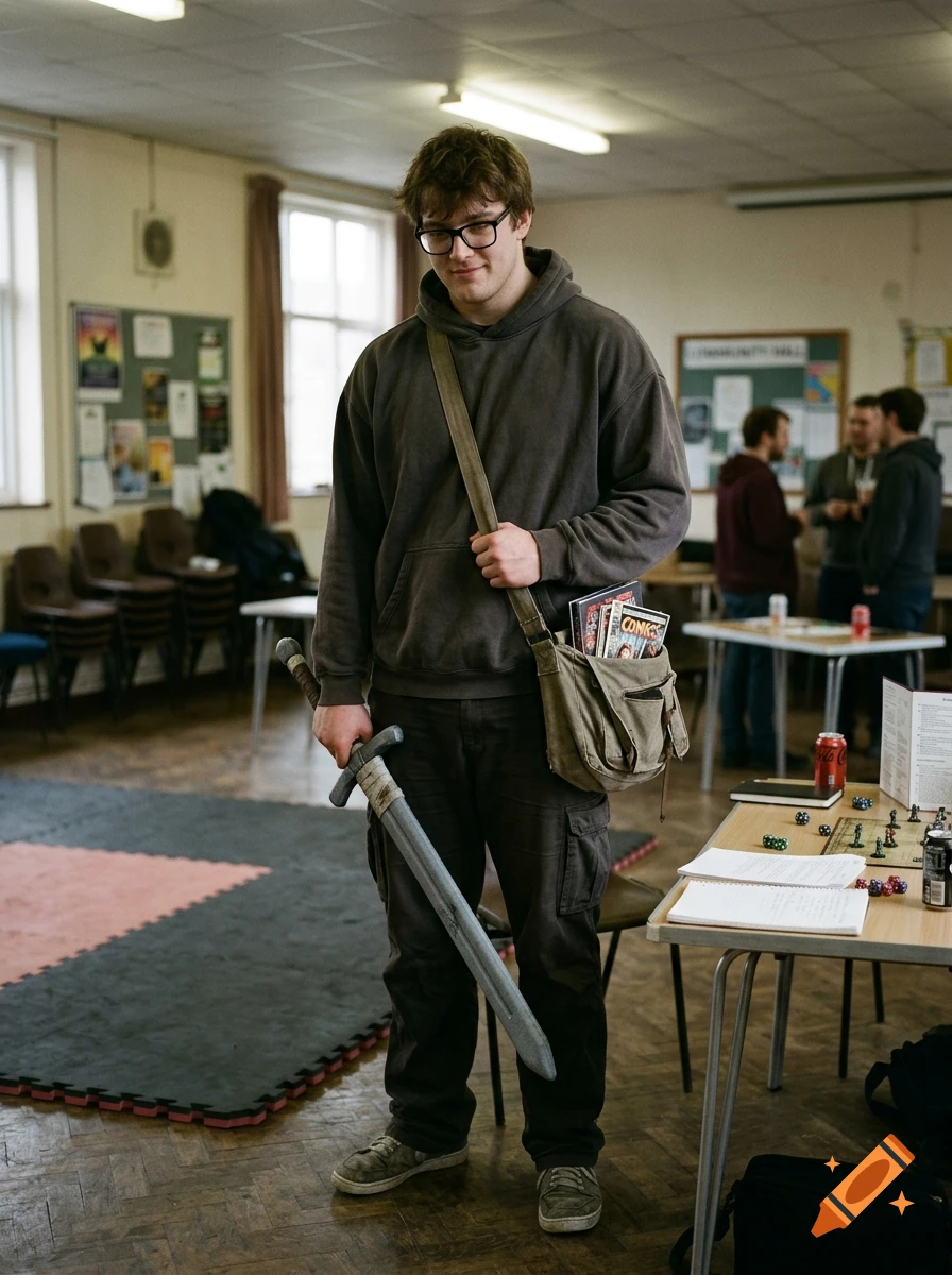 Photorealistic image of a tall young man wearing glasses, a grey hoodie, and cargo pants, holding a foam sword in a community hall.