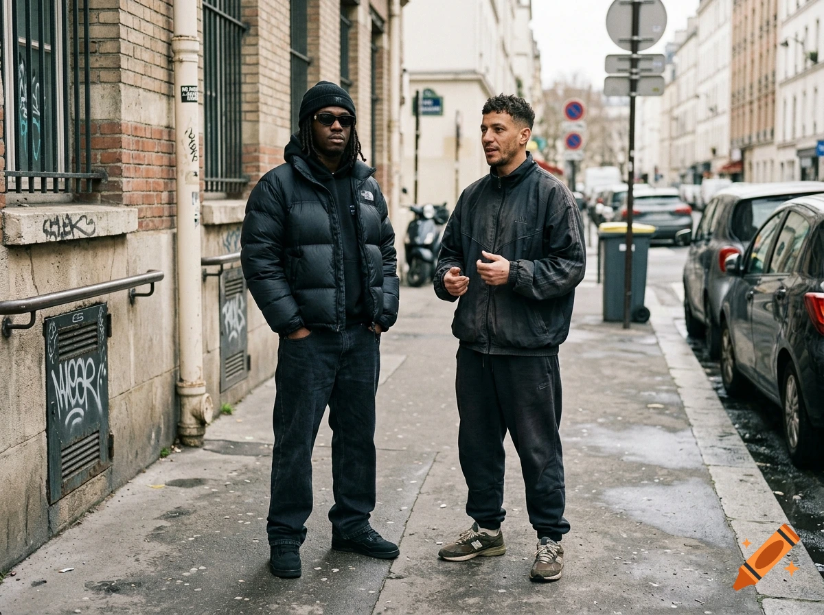 Photorealistic street scene in Paris with two men standing and talking, wearing casual streetwear.