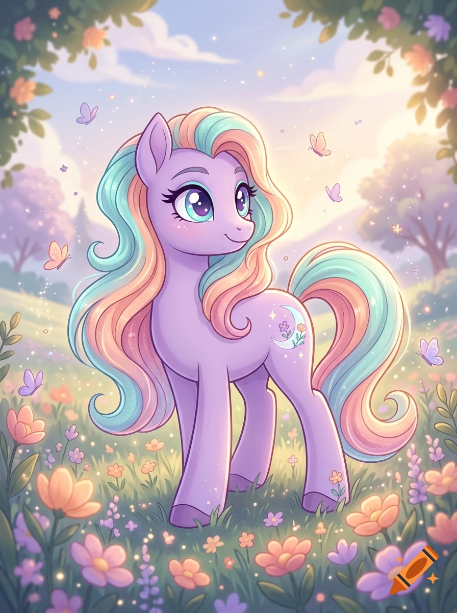 A cute purple pony with a multicolored mane and tail stands in a sunny meadow filled with colorful flowers and butterflies.